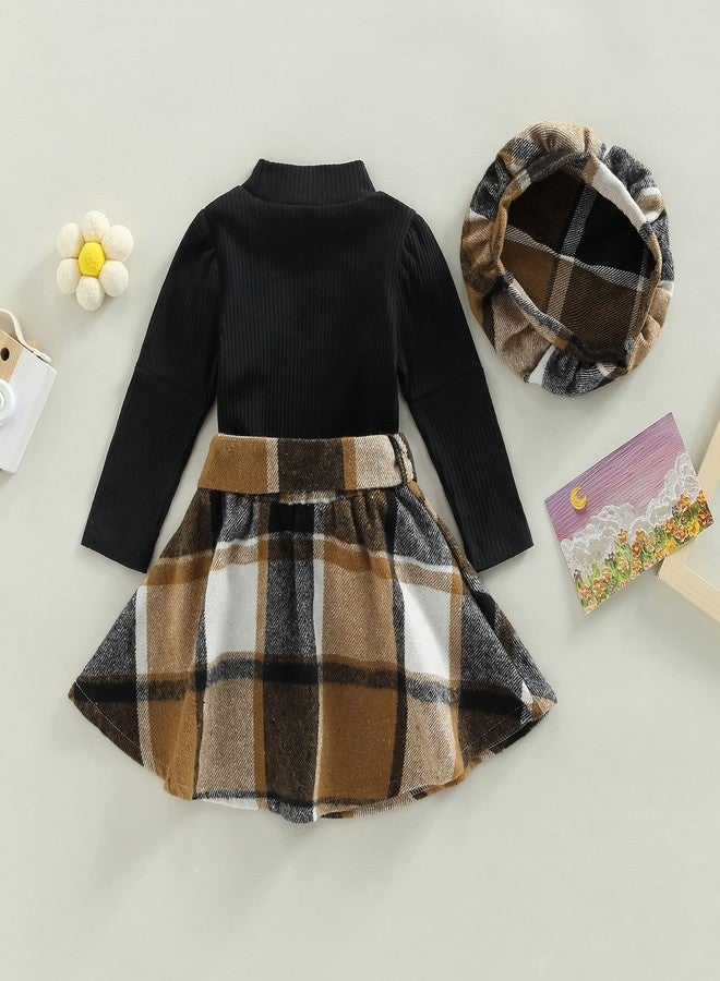 Mubineo Toddler Baby Girl 3PCS Fall Winter Skirt Outfits Long Sleeve Shirt Tops Plaid Skirts Hat Set (Black Brown, 18-24 Months) - Image 3