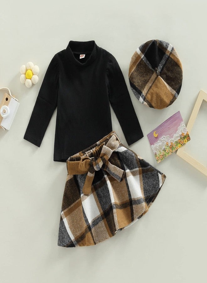 Mubineo Toddler Baby Girl 3PCS Fall Winter Skirt Outfits Long Sleeve Shirt Tops Plaid Skirts Hat Set (Black Brown, 18-24 Months) - Image 2