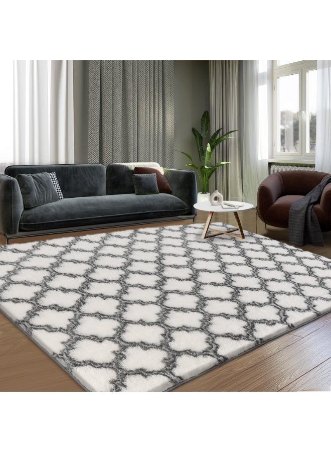 LOKIPA Shag Area Rug 47*63inch Feet Extra Soft Rugs for Living Room, High Pile Indoor Carpet for Bedroom, Kids Room, Nursery, Home Decor, Geometric, White/Black - Image 1