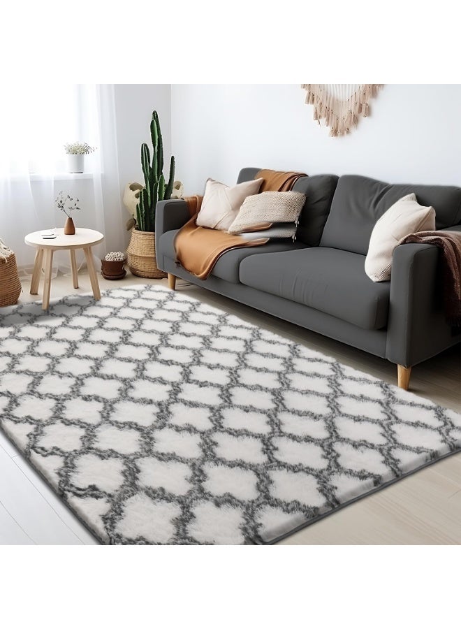 LOKIPA Shag Area Rug 47*63inch Feet Extra Soft Rugs for Living Room, High Pile Indoor Carpet for Bedroom, Kids Room, Nursery, Home Decor, Geometric, White/Black - Image 2