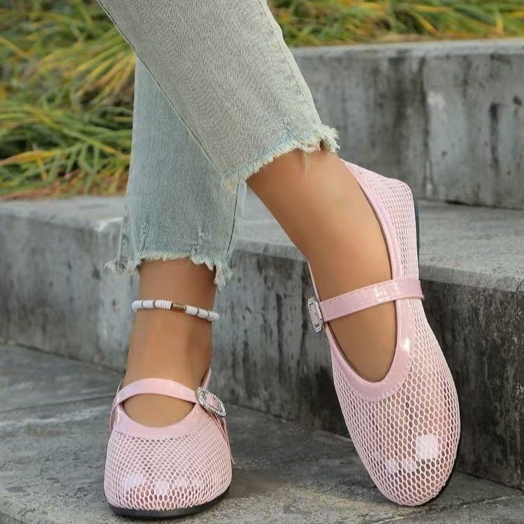 Plus Size Rhinestone Buckle Hollow Ballet Flat-Bottomed Fashion Single Summer Round Head Shoes - Image 1