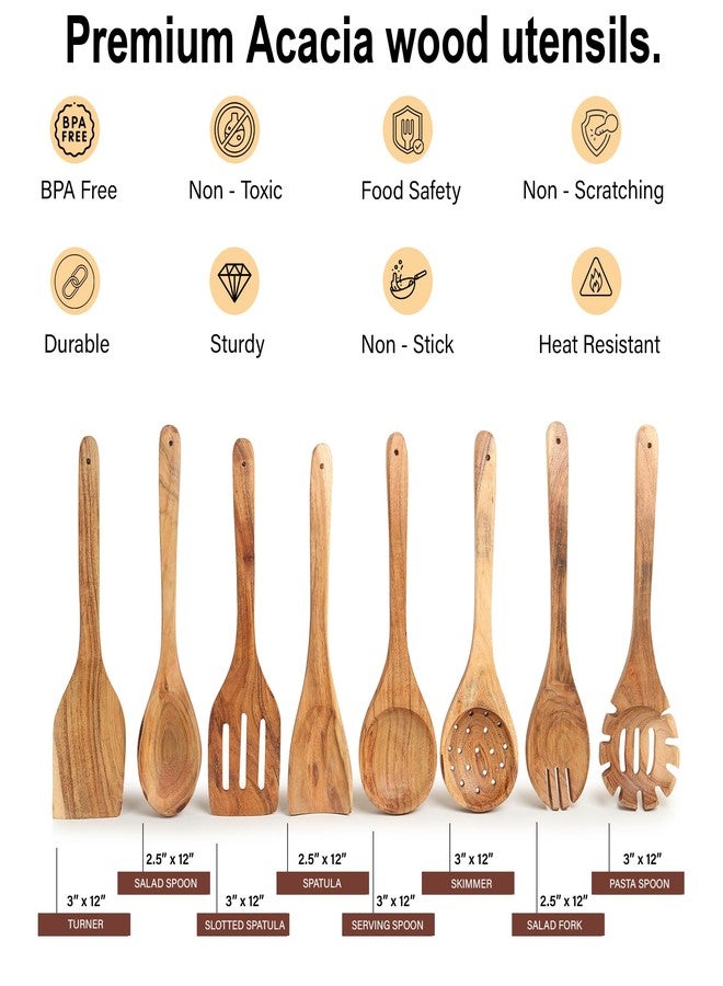 مجموعة أدوات طهي من خشب الأكاسيا من لافو ديزاينز، 8 قطع، مجموعة ملاعق خشبية بطول 12 بوصة للطهي | ملاعق خشبية غير لاصقة مناسبة لأواني الطهي | تشطيب طبيعي خالٍ من مادة BPA والسموم - Image 2