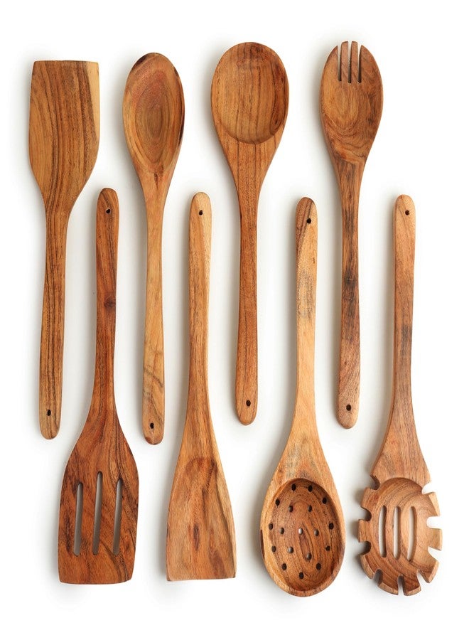مجموعة أدوات طهي من خشب الأكاسيا من لافو ديزاينز، 8 قطع، مجموعة ملاعق خشبية بطول 12 بوصة للطهي | ملاعق خشبية غير لاصقة مناسبة لأواني الطهي | تشطيب طبيعي خالٍ من مادة BPA والسموم - Image 1