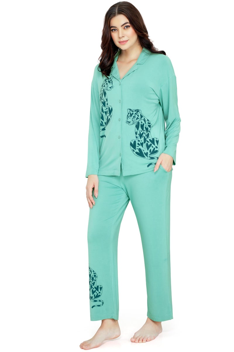 ZEYO Women's Viscose Green Leopard Printed Night Suit Set of Shirt & Pyjama - Image 4