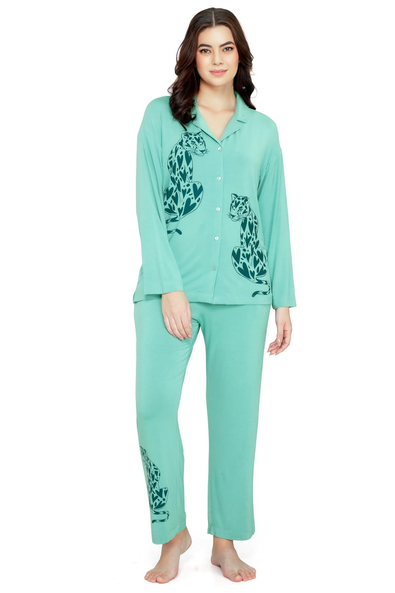 ZEYO Women's Viscose Green Leopard Printed Night Suit Set of Shirt & Pyjama - Image 1