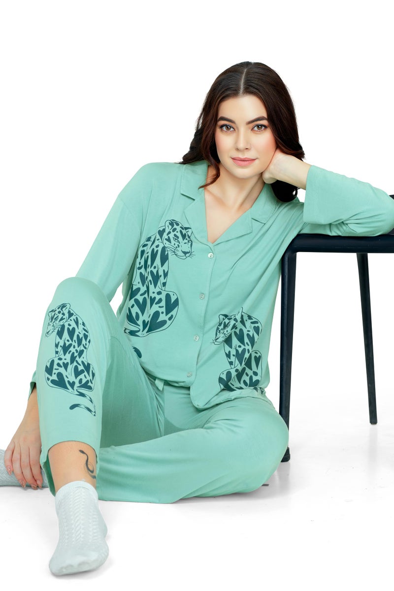 ZEYO Women's Viscose Green Leopard Printed Night Suit Set of Shirt & Pyjama - Image 3