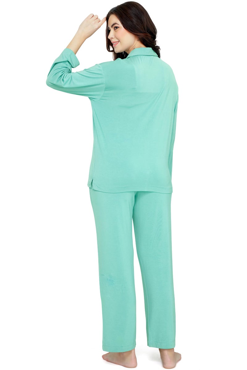ZEYO Women's Viscose Green Leopard Printed Night Suit Set of Shirt & Pyjama - Image 5