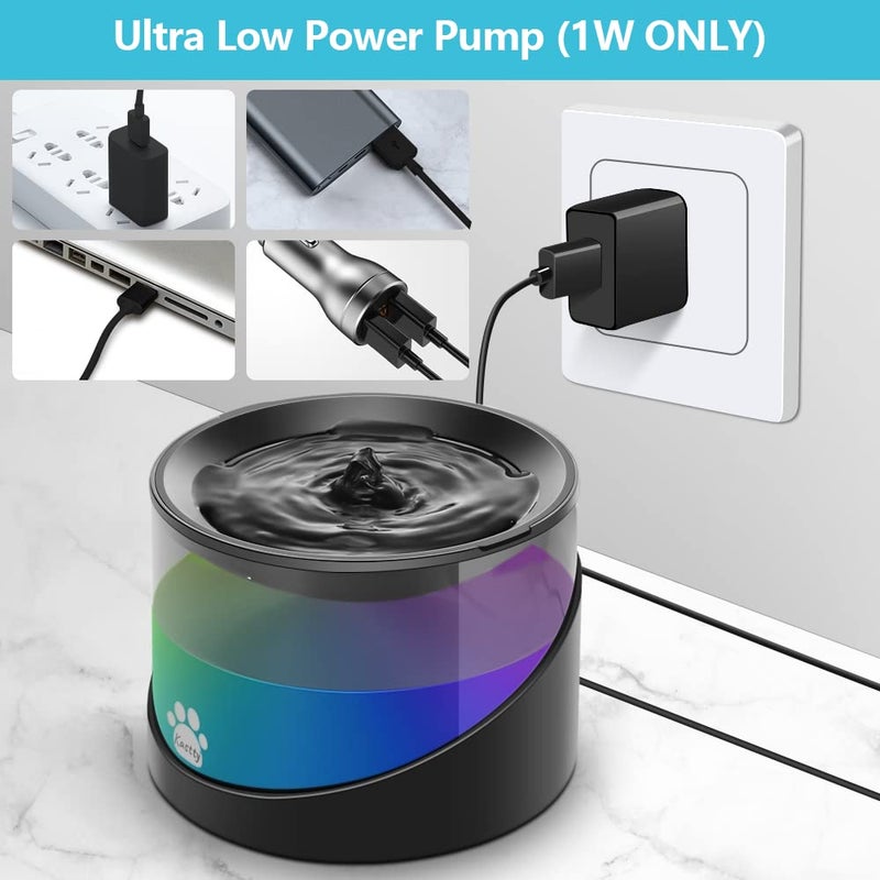 Kastty Cat Water Fountain, Pet Water Fountain for Cats Indoor, Cat Water Dispenser 2.2L/74oz, Super Quiet, Long Life Span Pump, Black+Colorful LED Light - Image 5