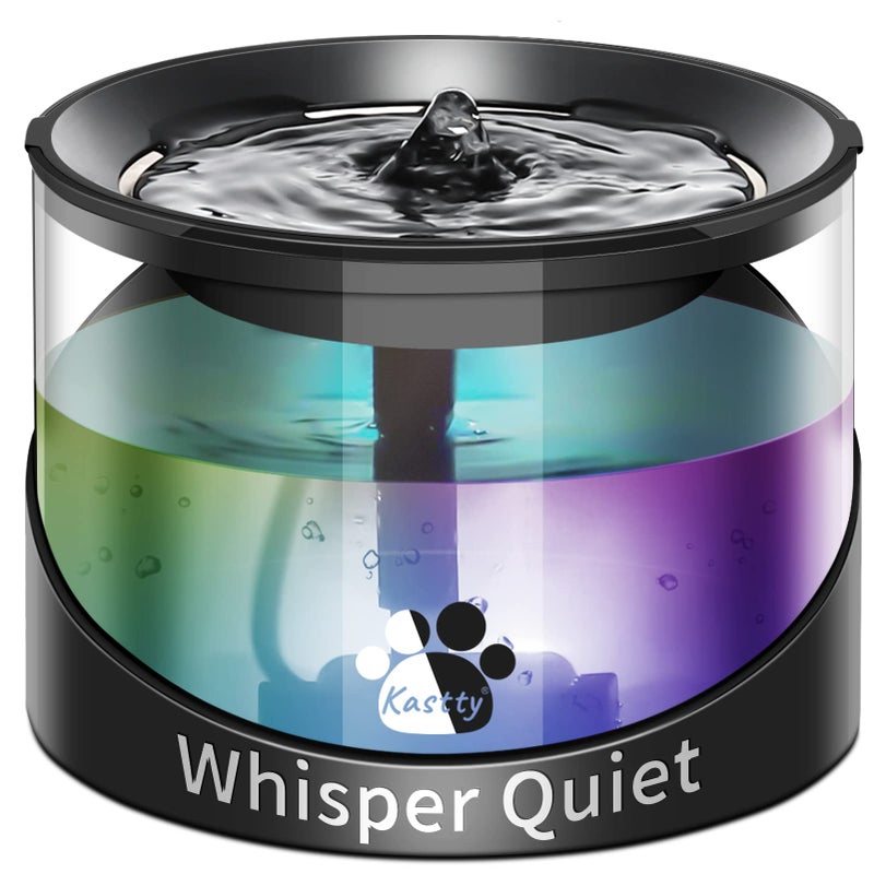 Kastty Cat Water Fountain, Pet Water Fountain for Cats Indoor, Cat Water Dispenser 2.2L/74oz, Super Quiet, Long Life Span Pump, Black+Colorful LED Light - Image 1