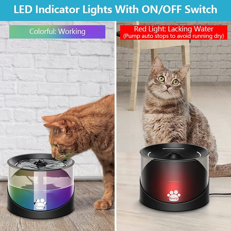 Kastty Cat Water Fountain, Pet Water Fountain for Cats Indoor, Cat Water Dispenser 2.2L/74oz, Super Quiet, Long Life Span Pump, Black+Colorful LED Light - Image 3