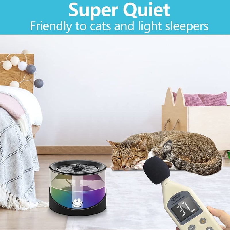 Kastty Cat Water Fountain, Pet Water Fountain for Cats Indoor, Cat Water Dispenser 2.2L/74oz, Super Quiet, Long Life Span Pump, Black+Colorful LED Light - Image 2