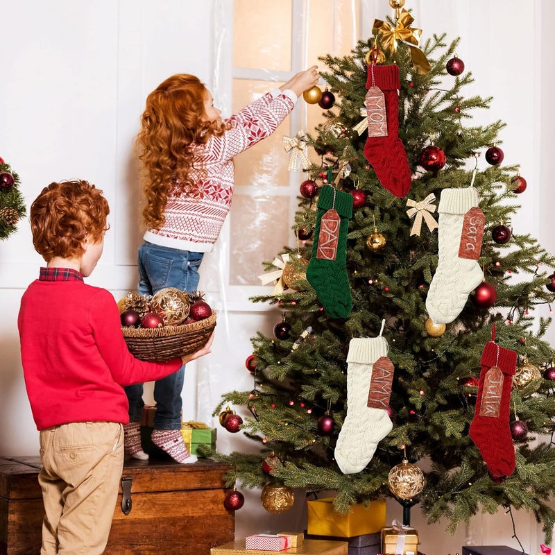 Sumind 6 Pieces Christmas Stocking Knitted Stocking White Red Green Cable Knit Xmas Stocking and 15 Pieces Wooden Tags Small Wood Pieces Blank Unfinished Wood Cutout with Rope for Family Holiday Season Decor - Image 4