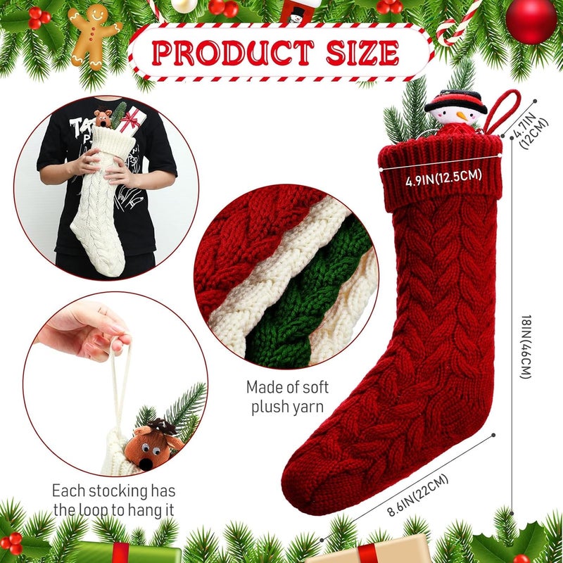 Sumind 6 Pieces Christmas Stocking Knitted Stocking White Red Green Cable Knit Xmas Stocking and 15 Pieces Wooden Tags Small Wood Pieces Blank Unfinished Wood Cutout with Rope for Family Holiday Season Decor - Image 2