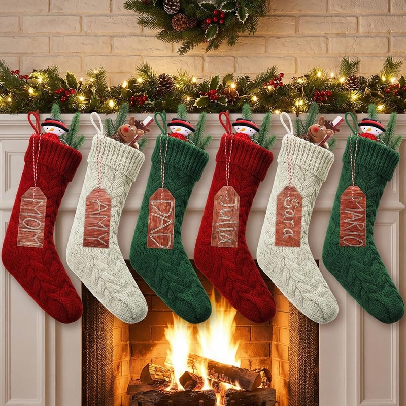 Sumind 6 Pieces Christmas Stocking Knitted Stocking White Red Green Cable Knit Xmas Stocking and 15 Pieces Wooden Tags Small Wood Pieces Blank Unfinished Wood Cutout with Rope for Family Holiday Season Decor - Image 1