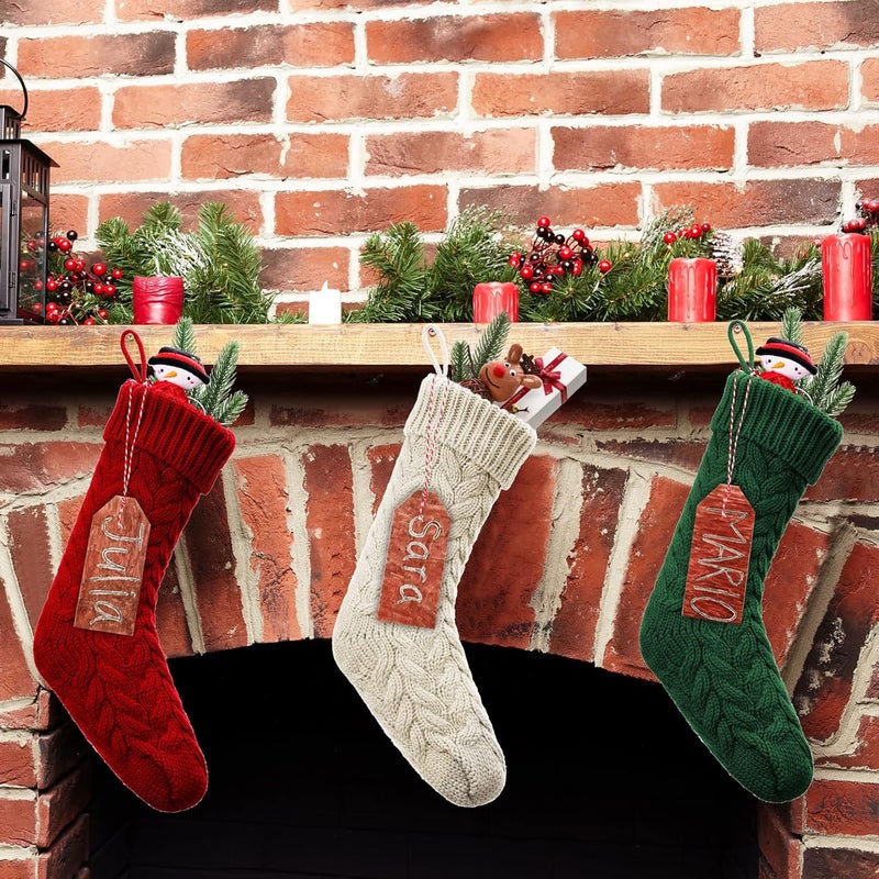 Sumind 6 Pieces Christmas Stocking Knitted Stocking White Red Green Cable Knit Xmas Stocking and 15 Pieces Wooden Tags Small Wood Pieces Blank Unfinished Wood Cutout with Rope for Family Holiday Season Decor - Image 3