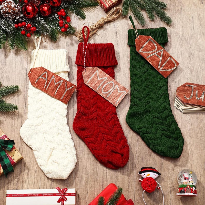 Sumind 6 Pieces Christmas Stocking Knitted Stocking White Red Green Cable Knit Xmas Stocking and 15 Pieces Wooden Tags Small Wood Pieces Blank Unfinished Wood Cutout with Rope for Family Holiday Season Decor - Image 5