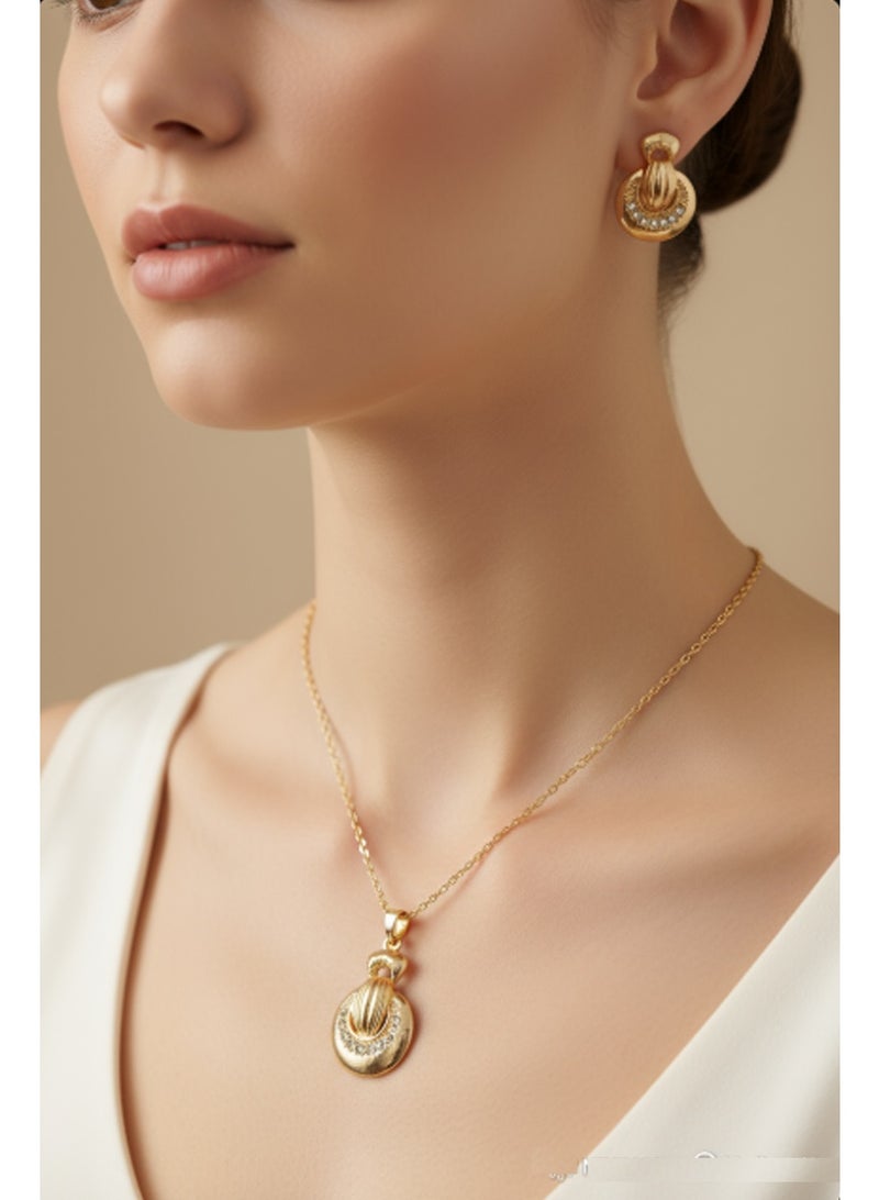 Fashion Jewelry Elegant Gold-Plated Pendant & Earrings Set with Crystal Accents  Classic Designer Gold Jewelry Set for Women – Necklace & Stud Earrings  Luxury Gold Finish Pendant Set with Sparkling Stone Detailing - Image 4