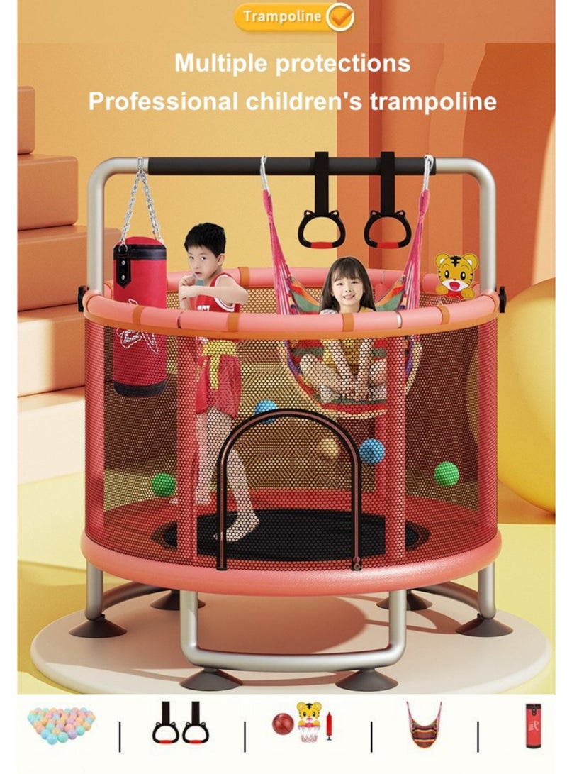 RedMapleTEK Trampoline, Indoor and Outdoor Trampoline with Fence Net, Children's Trampoline with Rings, Hammock, Sandbags (1.5m, Red)  - Image 1