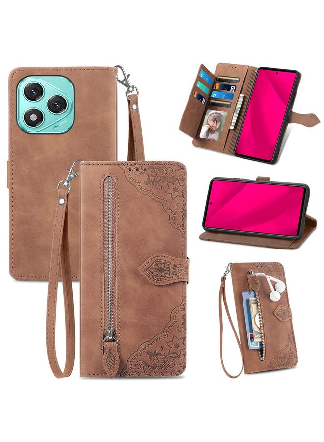 The Bros Phone Case For Honor 400 Lite Embossed Flower Zipper Leather Phone Phone Case - Image 1
