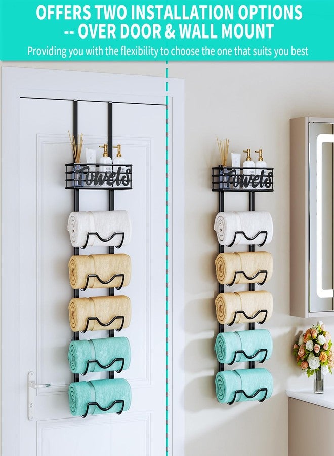 HapiRm Over Door Towel Rack - 6 Tier Over The Door Towel Racks for Bathroom, Wall Mount Towel Holder with Metal Shelf, Rolled Towel Organizer Door Hanging Towel Storage for Small Bathroom - Black - Image 2