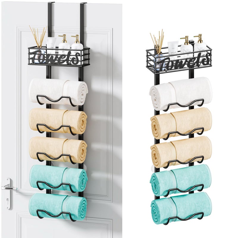 HapiRm Over Door Towel Rack - 6 Tier Over The Door Towel Racks for Bathroom, Wall Mount Towel Holder with Metal Shelf, Rolled Towel Organizer Door Hanging Towel Storage for Small Bathroom - Black - Image 1