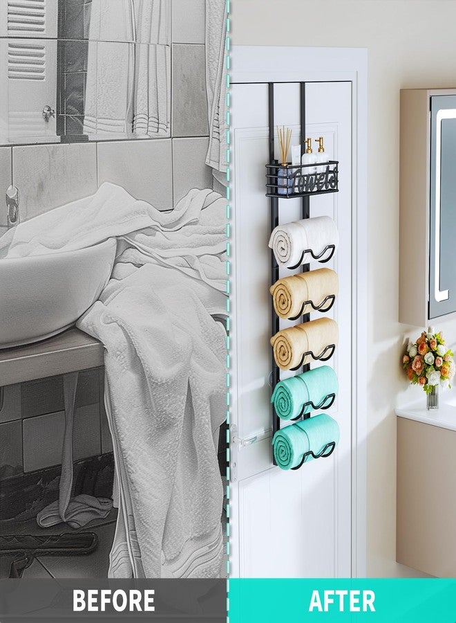 HapiRm Over Door Towel Rack - 6 Tier Over The Door Towel Racks for Bathroom, Wall Mount Towel Holder with Metal Shelf, Rolled Towel Organizer Door Hanging Towel Storage for Small Bathroom - Black - Image 3