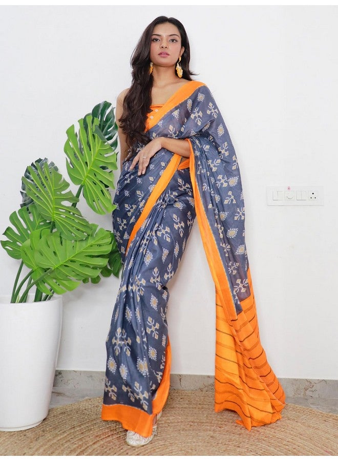 SIRIL SIRIL Women's Printed Pure Cotton Saree with Unstitched Blouse Piece (3323S276_Grey) - Image 2