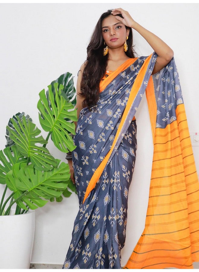 SIRIL SIRIL Women's Printed Pure Cotton Saree with Unstitched Blouse Piece (3323S276_Grey) - Image 5