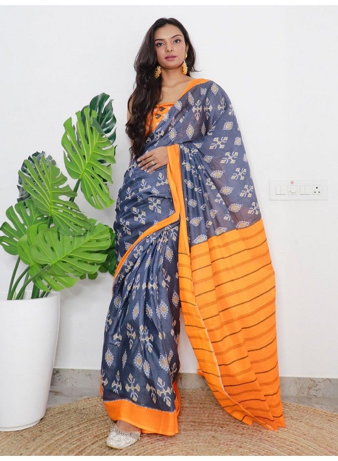 SIRIL SIRIL Women's Printed Pure Cotton Saree with Unstitched Blouse Piece (3323S276_Grey) - Image 3