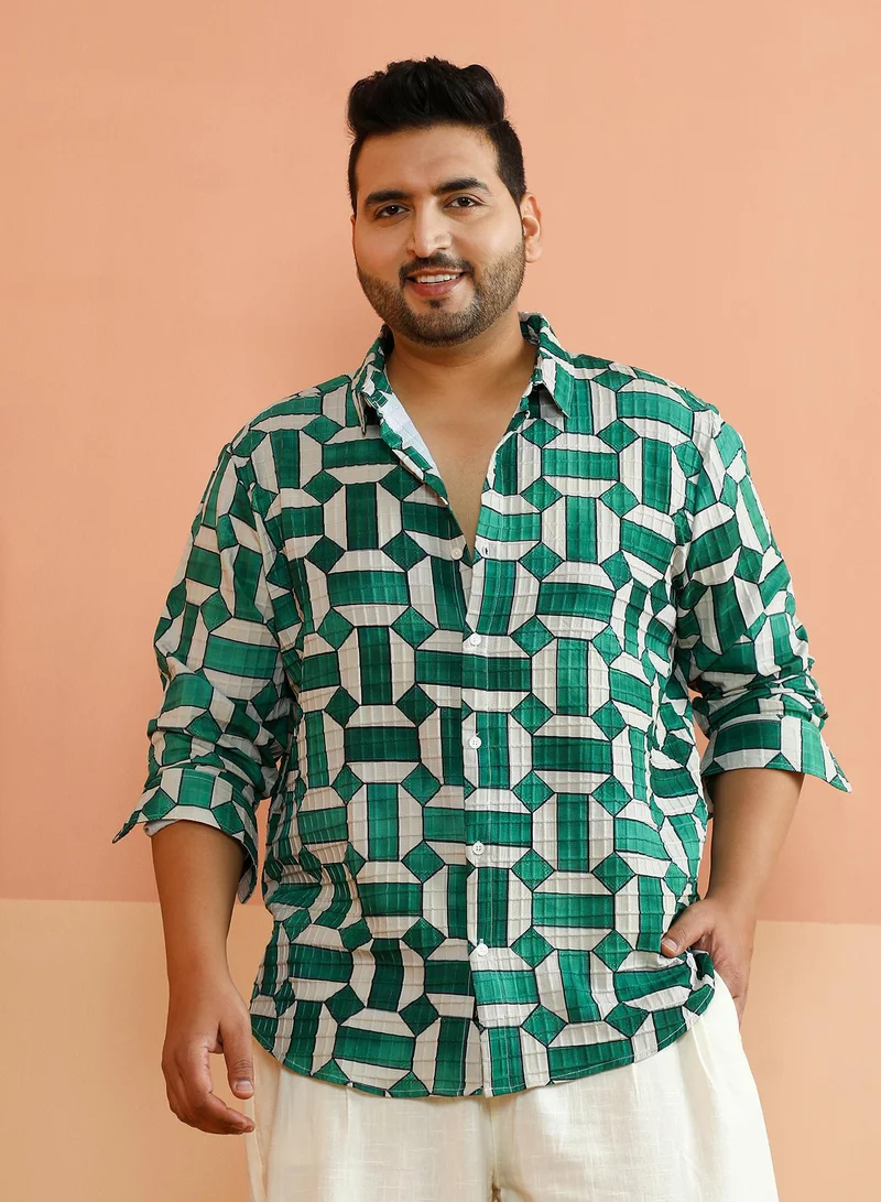 Instafab Plus Instafab Plus Men's Green & White Contrast Block Shirt For Casual Wear | Spread Collar | Long Regular Sleeves | Button Closure | Plus Size Shirt Crafted With Comfort Fit For Everyday Wear