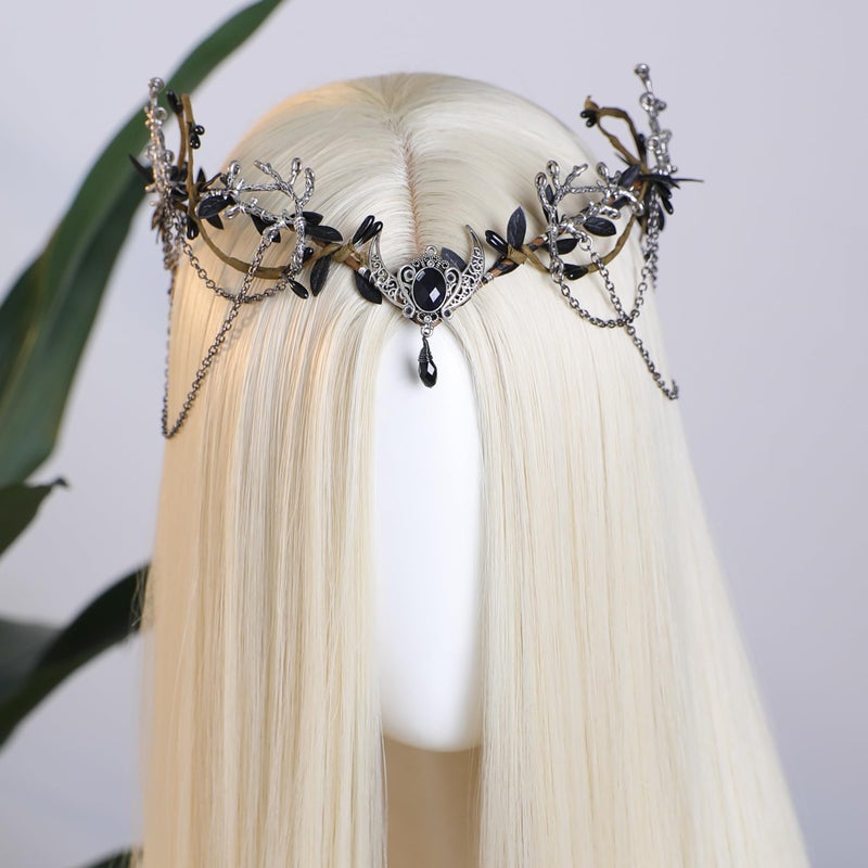 MOSTORY Black Elf Crown for Women- Viking Circlet with Tassel Dark Fairy Costume for Renaissance, Medieval Elven Headpiece for Renfaire Cosplay Photo Shoot Fantasy Aesthetic - Image 2