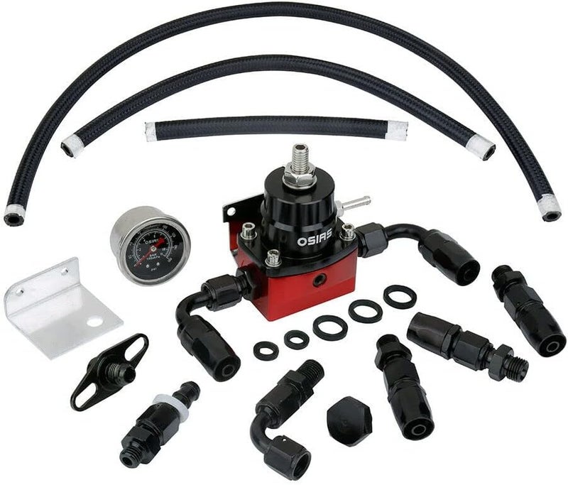 OSIAS Universal Adjustable EFI Aluminum Fuel Pressure Regulator Kit with 160 Psi Pressure Gauge and AN6-6AN Fuel Line Hose Fittings - Black & Red - Image 1