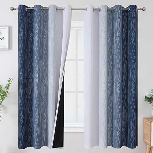 Estelar Textiler Full Room Darkening Greyish White and Navy Blue Blackout Curtains 63 Inch Length 2 Panels Set,Ombre Thermal Insulated Full Light Blocking Grommet Blackout Drapes for Boys Room,52Wx63L - Image 1