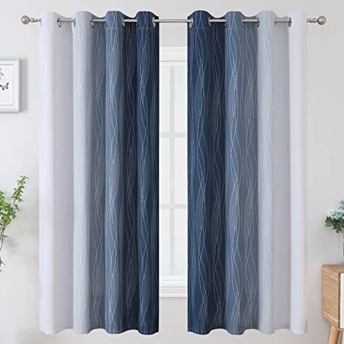 Estelar Textiler Full Room Darkening Greyish White and Navy Blue Blackout Curtains 63 Inch Length 2 Panels Set,Ombre Thermal Insulated Full Light Blocking Grommet Blackout Drapes for Boys Room,52Wx63L - Image 2