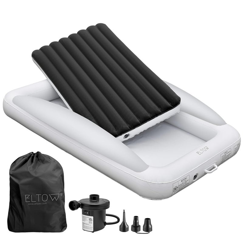 ELTOW Toddler Blow-Up Mattress with Sides, Inflatable Toddler Travel Bed with Safety Bumpers, Portable Kids Air Mattress for Travel, Complete Set with High-Speed Pump & Carry Bag - Black - Image 1
