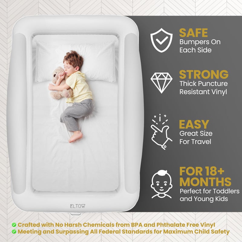 ELTOW Toddler Blow-Up Mattress with Sides, Inflatable Toddler Travel Bed with Safety Bumpers, Portable Kids Air Mattress for Travel, Complete Set with High-Speed Pump & Carry Bag - Black - Image 2
