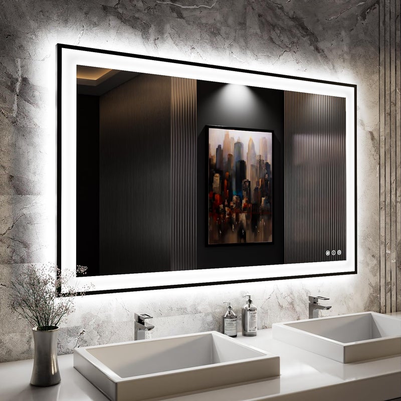 ISKM Framed LED Mirror for Bathroom 48x30 Dimmable LED Bathroom Mirror with Lights AntiFog Front and Backlit Lighted Mirror 3Colors Shatterproof Memory Function