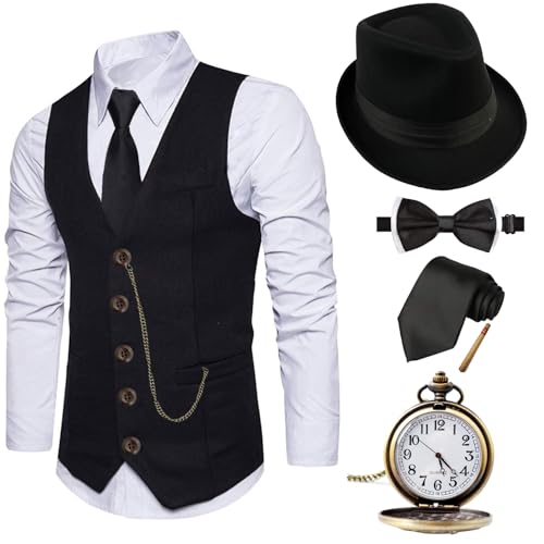 EFORLED Halloween 1920s Mens Costume 2025,Gatsby Gangster Vest,Vintage Pocket Watch,Pre Tied Bow Tie,Tie,CC-XL - Image 1