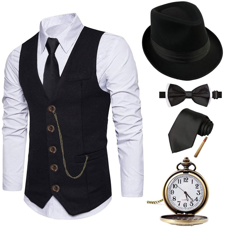 EFORLED Halloween 1920s Mens Costume 2025,Gatsby Gangster Vest,Vintage Pocket Watch,Pre Tied Bow Tie,Tie,CC-XL - Image 4