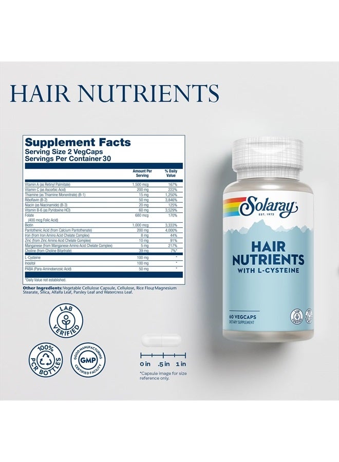 SOLARAY Solaray Hair Nutrients with L-Cysteine - Hair Vitamins with Biotin for Hair Growth Support - Hair Skin and Nails Vitamins for Women and Men - Lab Verified, 60-Day Guarantee - 30 Servings, 60 VegCaps - Image 2