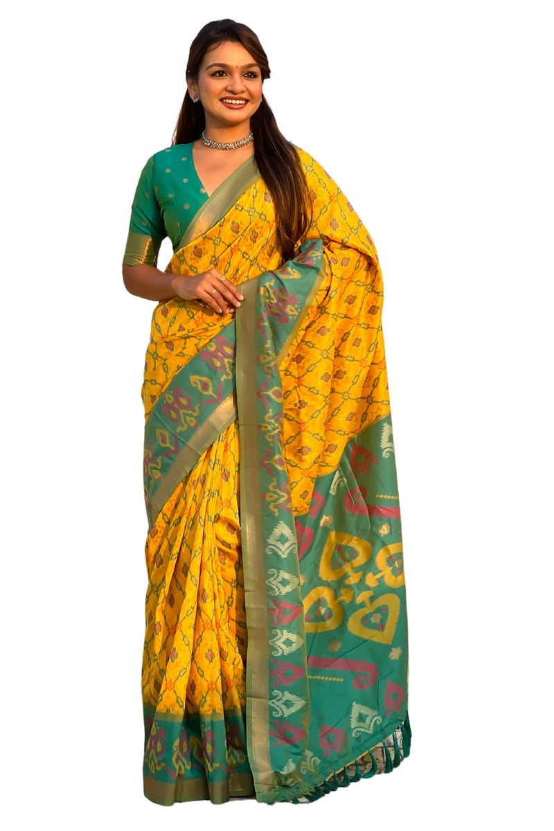 SGF11 Women's Kanjivaram Patola Soft Pure Silk Sarees With Unstitched Blouse Piece (Yellow Green) - Image 1
