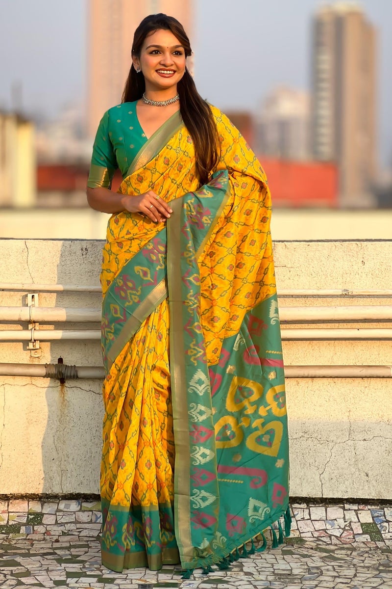 SGF11 Women's Kanjivaram Patola Soft Pure Silk Sarees With Unstitched Blouse Piece (Yellow Green) - Image 2