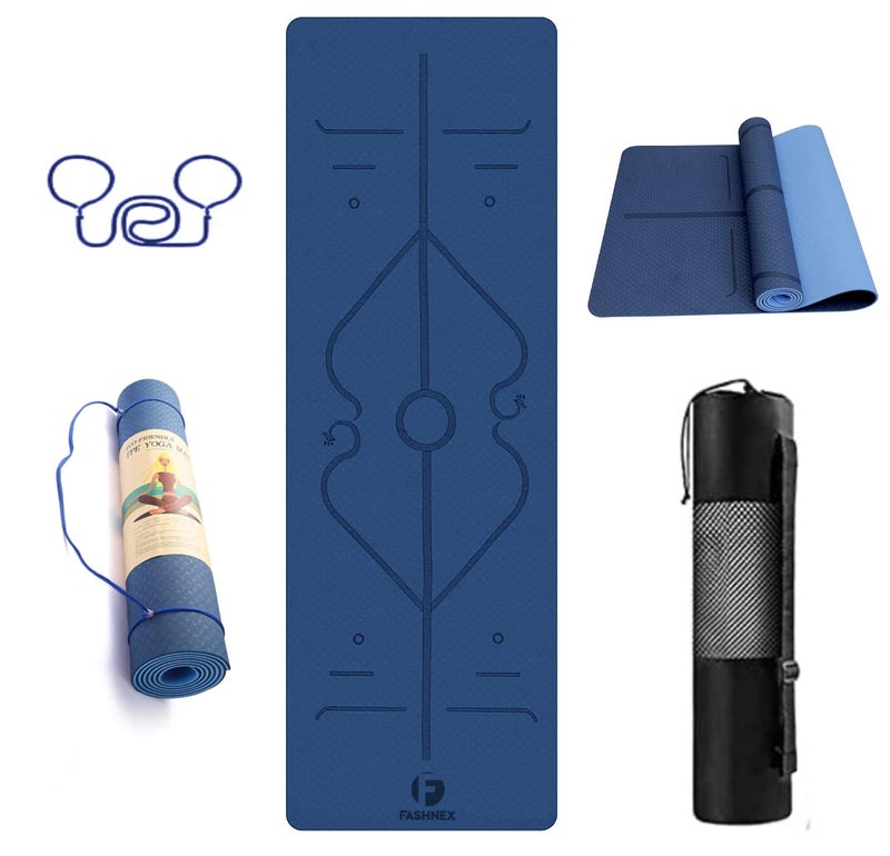 FASHNEX Tpe Yoga Mat For Women And Men With Carry Bag And Strap, 6Mm Extra Thick, Ideal Exercise Mat For Yoga, Pilates And Workout. (As Per Image), Blue - Image 1