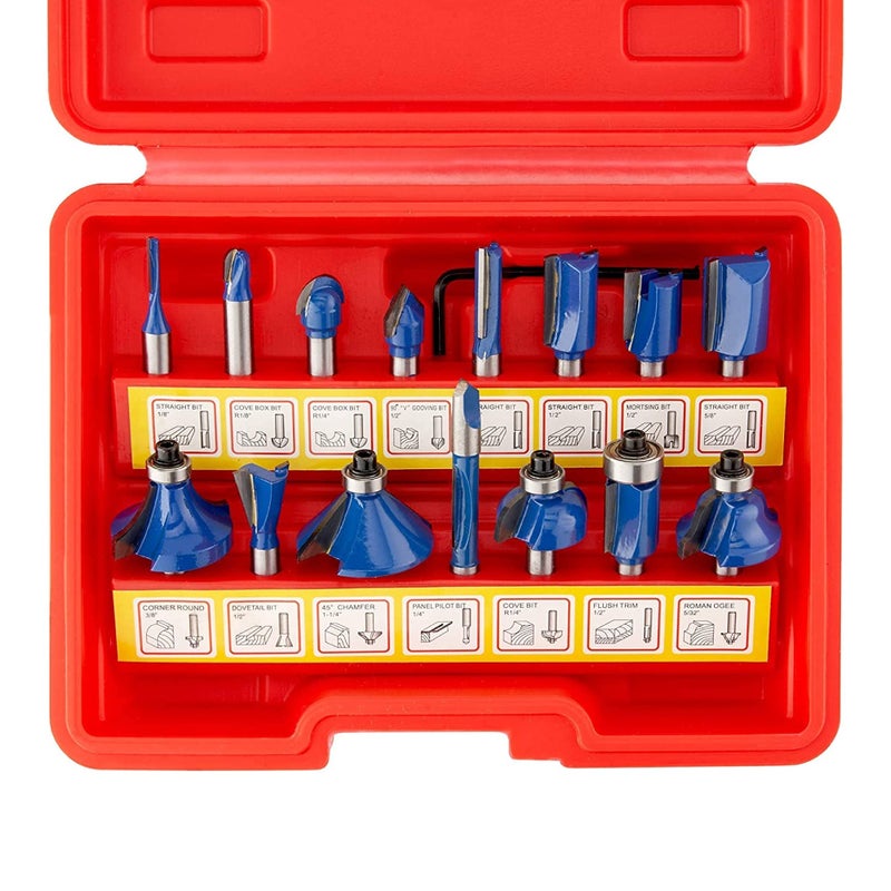 HILTEX 10100 Tungsten Carbide Router Bits, 15 Piece Router Bit Set, 1/4” Router Bit Shank Tungsten Carbide Router Bits, Chamfer Router Bits for Woodworking on Wood, Blue - Image 1