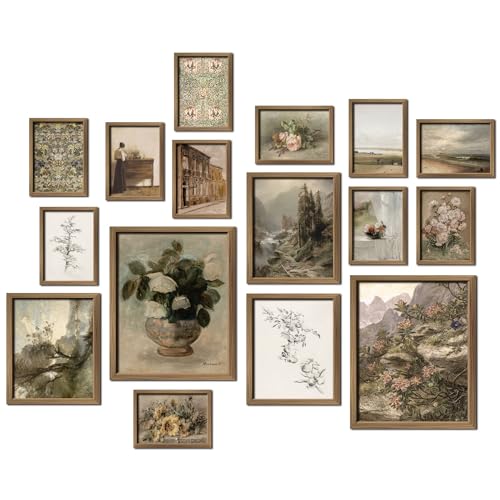 ANERZA 16 PCS Framed Vintage Wall Art Decor, French Country Farmhouse Gallery Wall Frame Set Prints for Bedroom Bathroom, Rustic Landscape Posters for Living Room Aesthetic, Cottagecore Dorm Home Collage Kit - Image 1