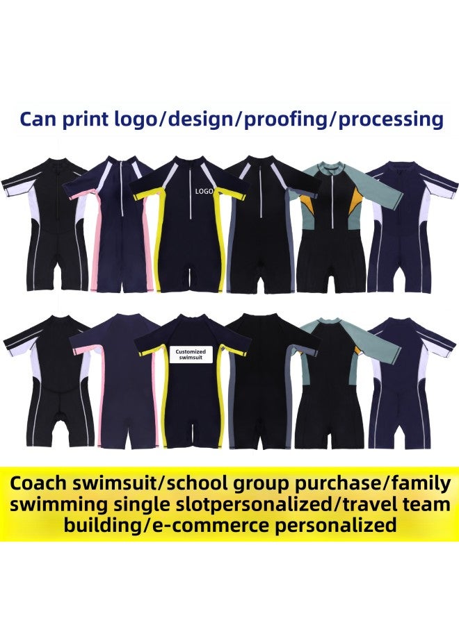 Generic Men's One-piece Swimsuit Short-sleeved Five-point Pants Suit Quick-drying Sunscreen Student Swimming Suit Training Professional Customization-Color:Logo Customization Can Be Mixed With Mixed Codes (please Consult Customer Service)-Size:4XL - Image 1