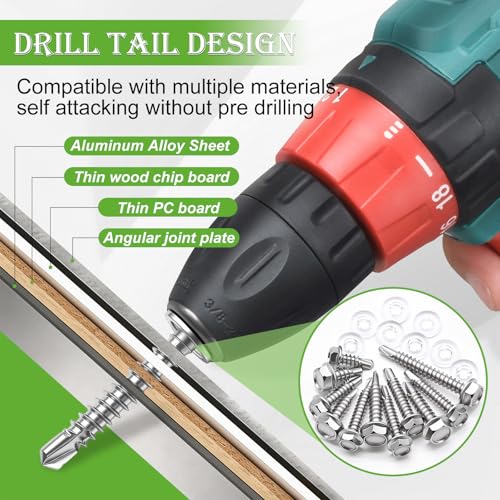 mxuteuk 300PCS #8#10 Self Tapping Screws for Metal,410 Stainless Steel Self Drilling Screws,1/2",3/4",1",1-1/2" Hex Washer Head Sheet Metal Screws Suitable for Metal, Wood with 150PCS Washers - Image 4