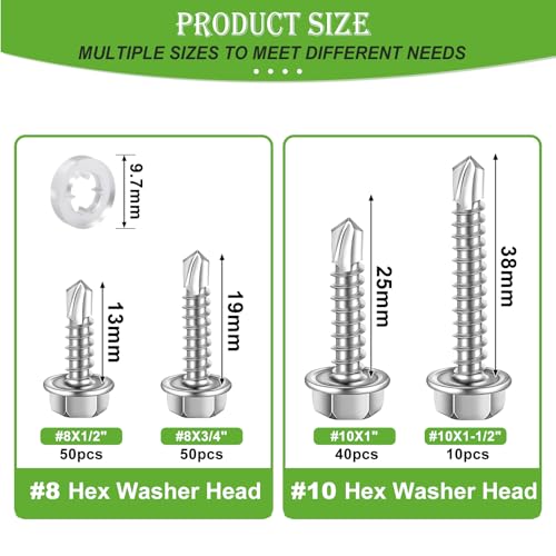 mxuteuk 300PCS #8#10 Self Tapping Screws for Metal,410 Stainless Steel Self Drilling Screws,1/2",3/4",1",1-1/2" Hex Washer Head Sheet Metal Screws Suitable for Metal, Wood with 150PCS Washers - Image 2