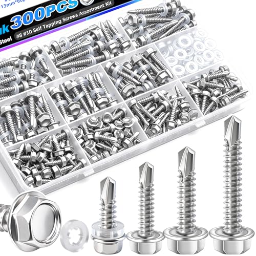 mxuteuk 300PCS #8#10 Self Tapping Screws for Metal,410 Stainless Steel Self Drilling Screws,1/2",3/4",1",1-1/2" Hex Washer Head Sheet Metal Screws Suitable for Metal, Wood with 150PCS Washers - Image 1