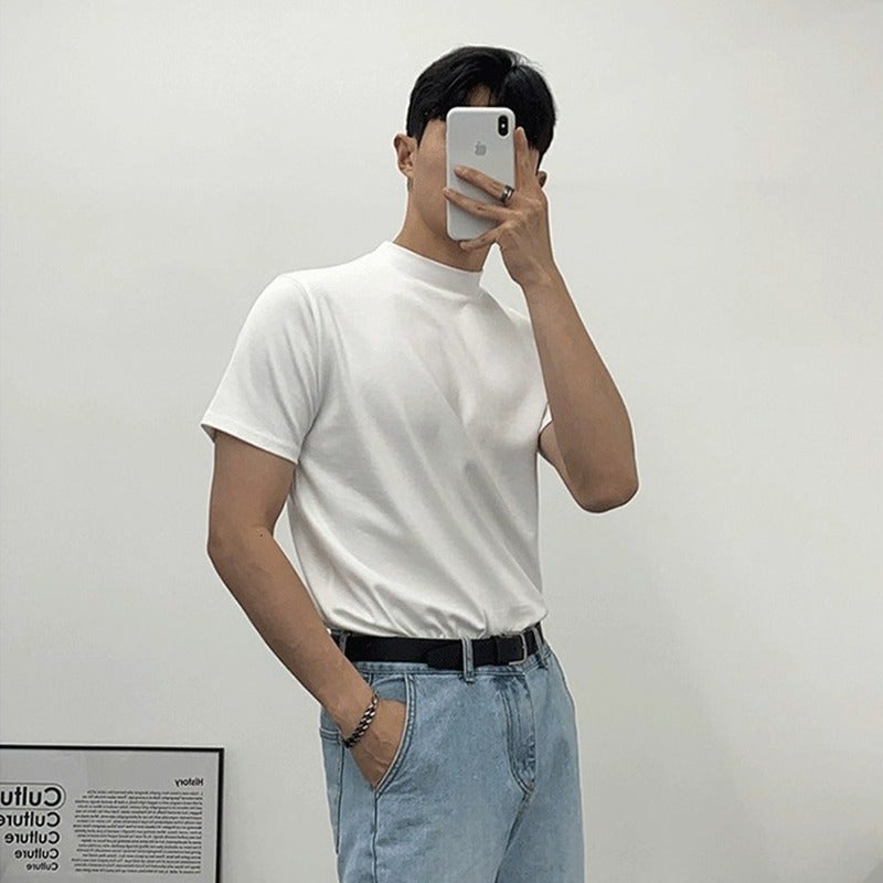 Light Mature Style Half-High Collar Solid Color T-Shirt For Men, Loose Short-Sleeve, Cool And Restrained Style With A Small Neckline And Mid-Sleeve Design - Image 4